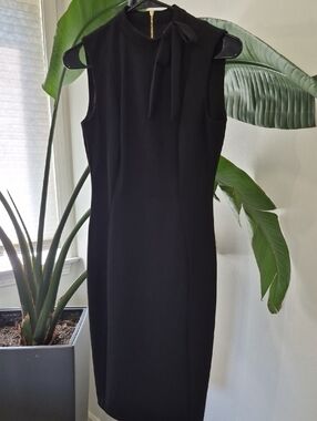 Calvin Klein Black Sleeveless Midi Sheath Dress with Neck Tie